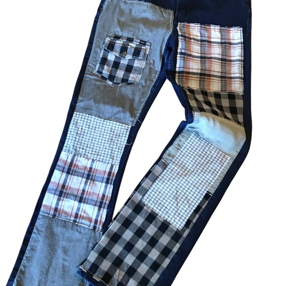 Upcycled Patchwork Jeans 32x32: Tattered Grunge Denim, Campus Life Hippie Pants - Picture 6 of 9